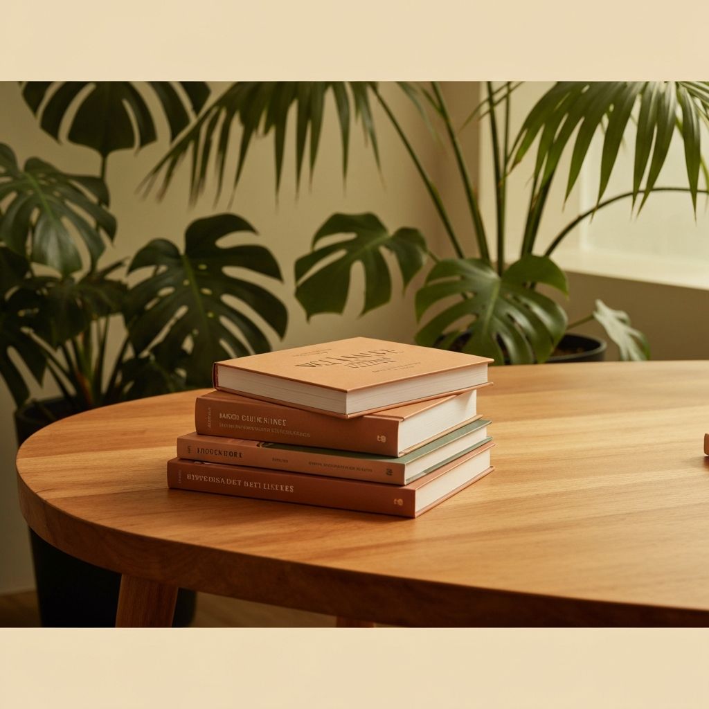 Wellness books and journals on a natural wooden table